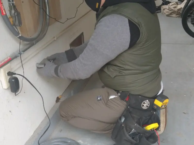 Electrician performing outlet wiring in a Charleston garage
